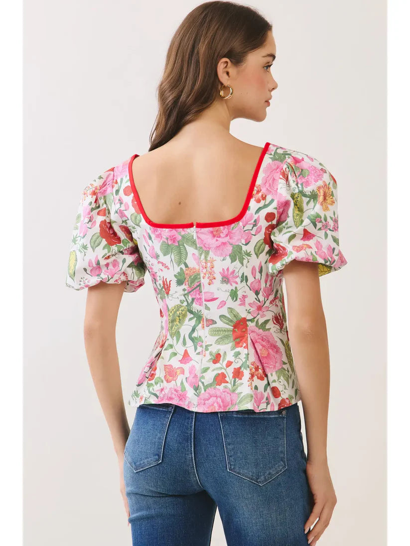 Floral Print Contrast Trim Puff Sleeve Peplum Top