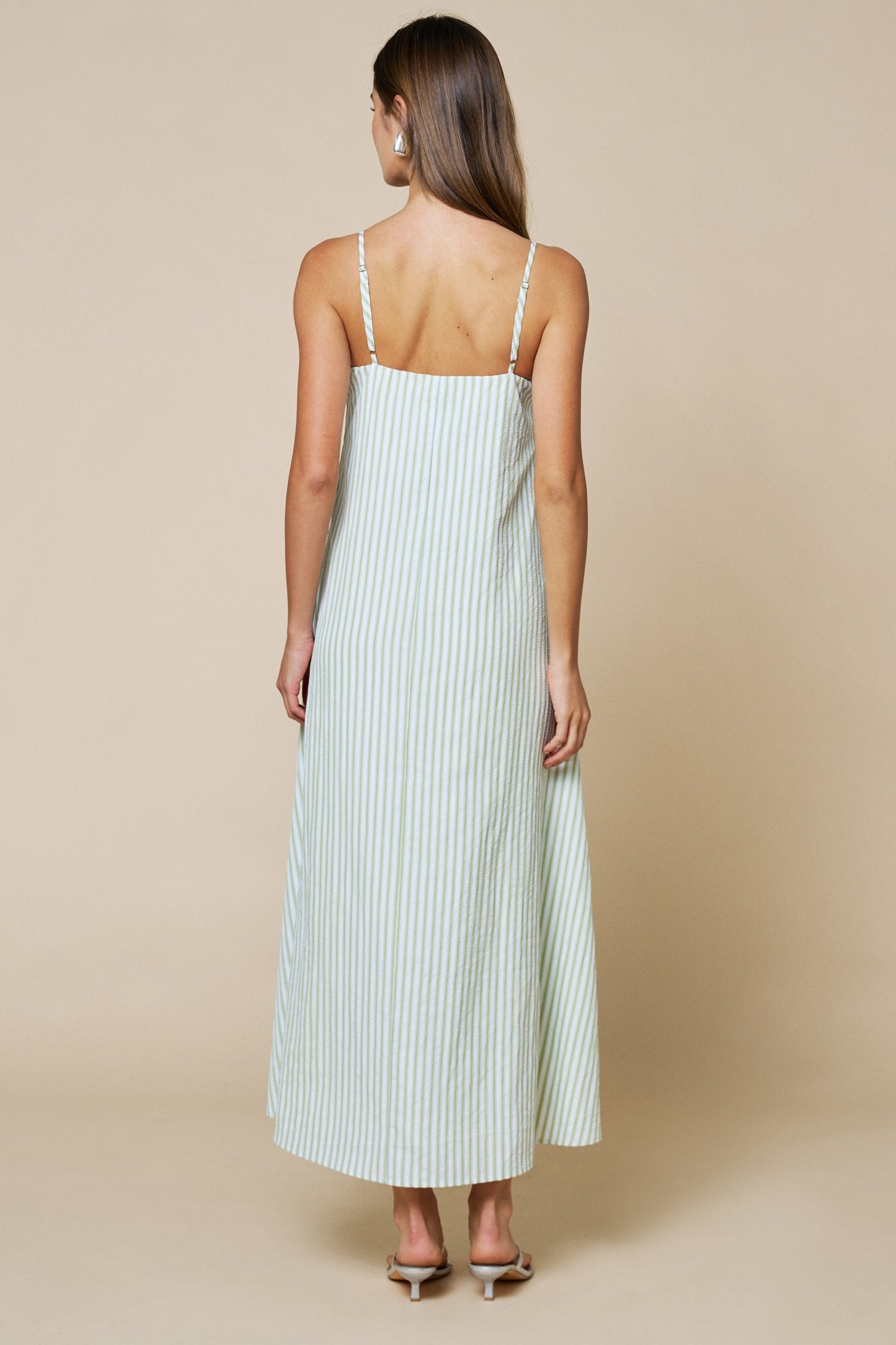 Stripe Print Pleated Spaghetti Straps Maxi Dress
