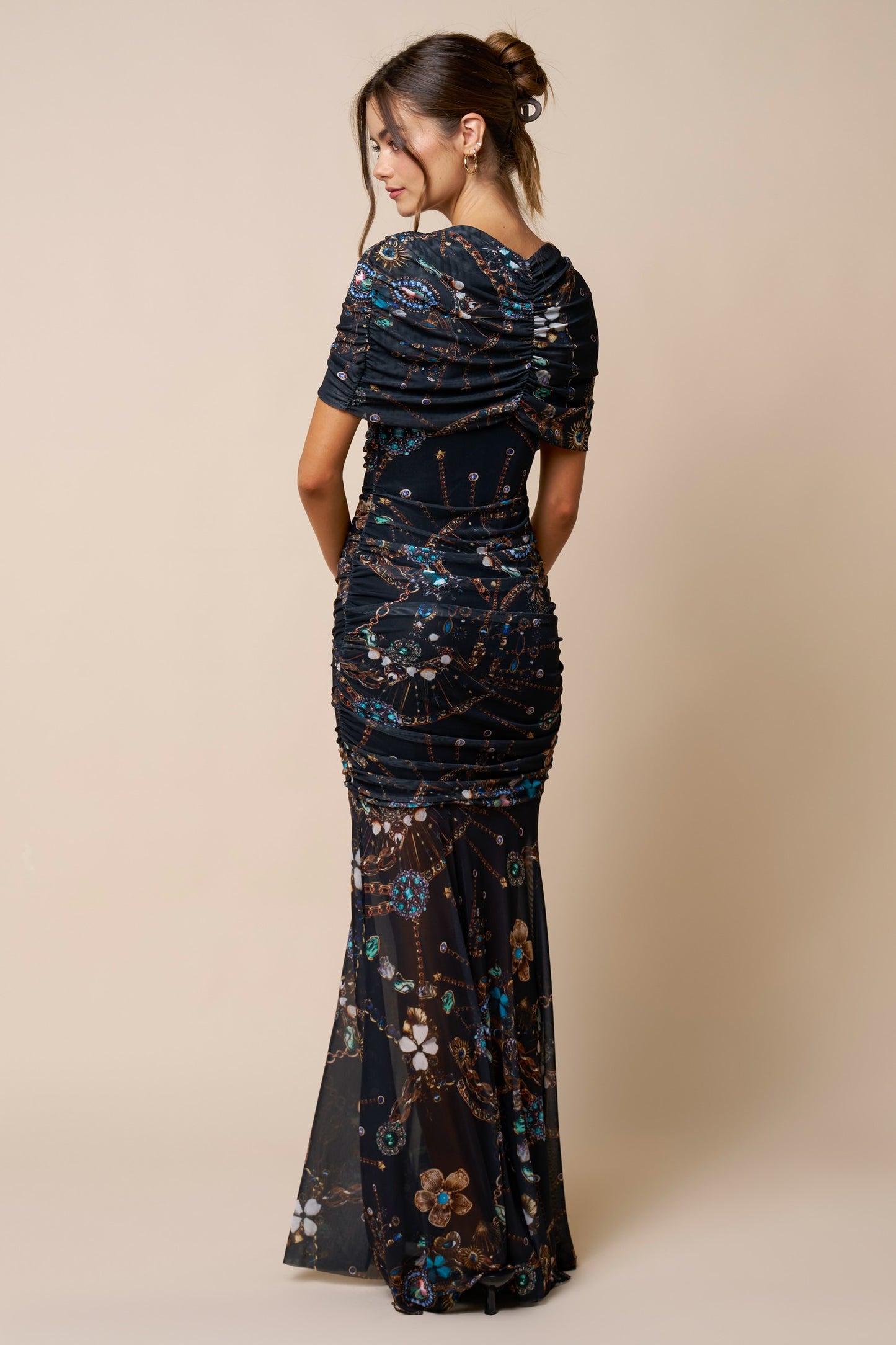 Printed Asymmetrical Mesh Ruched Maxi Dress