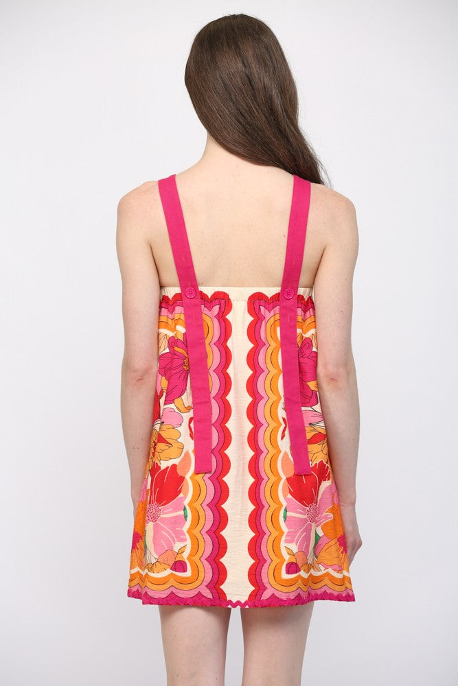 Ric-rac Trimmed Wide Shoulder Strap Floral Dress