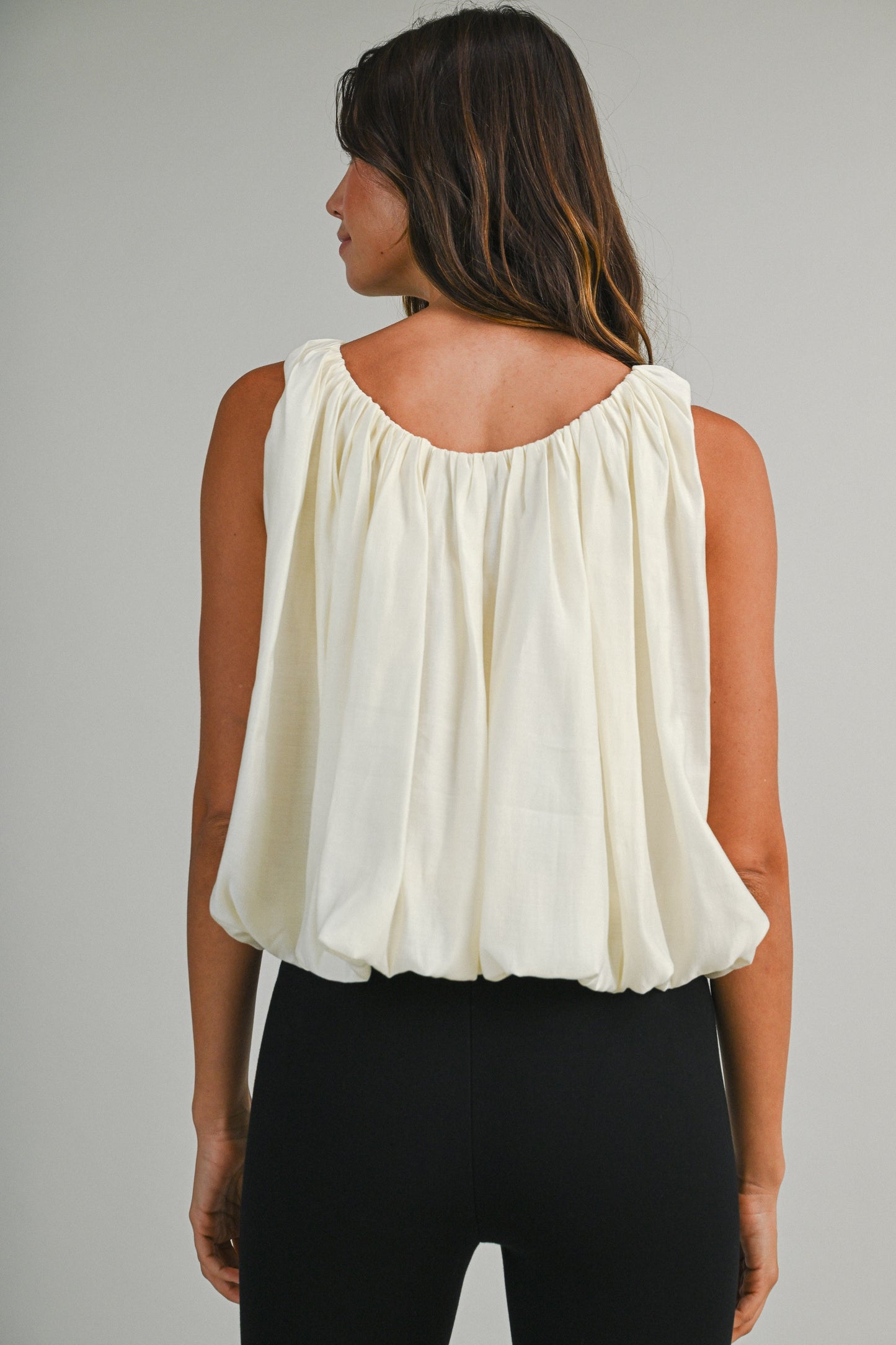 Solid Sleeveless Gathered Neck Bubble Hem Top