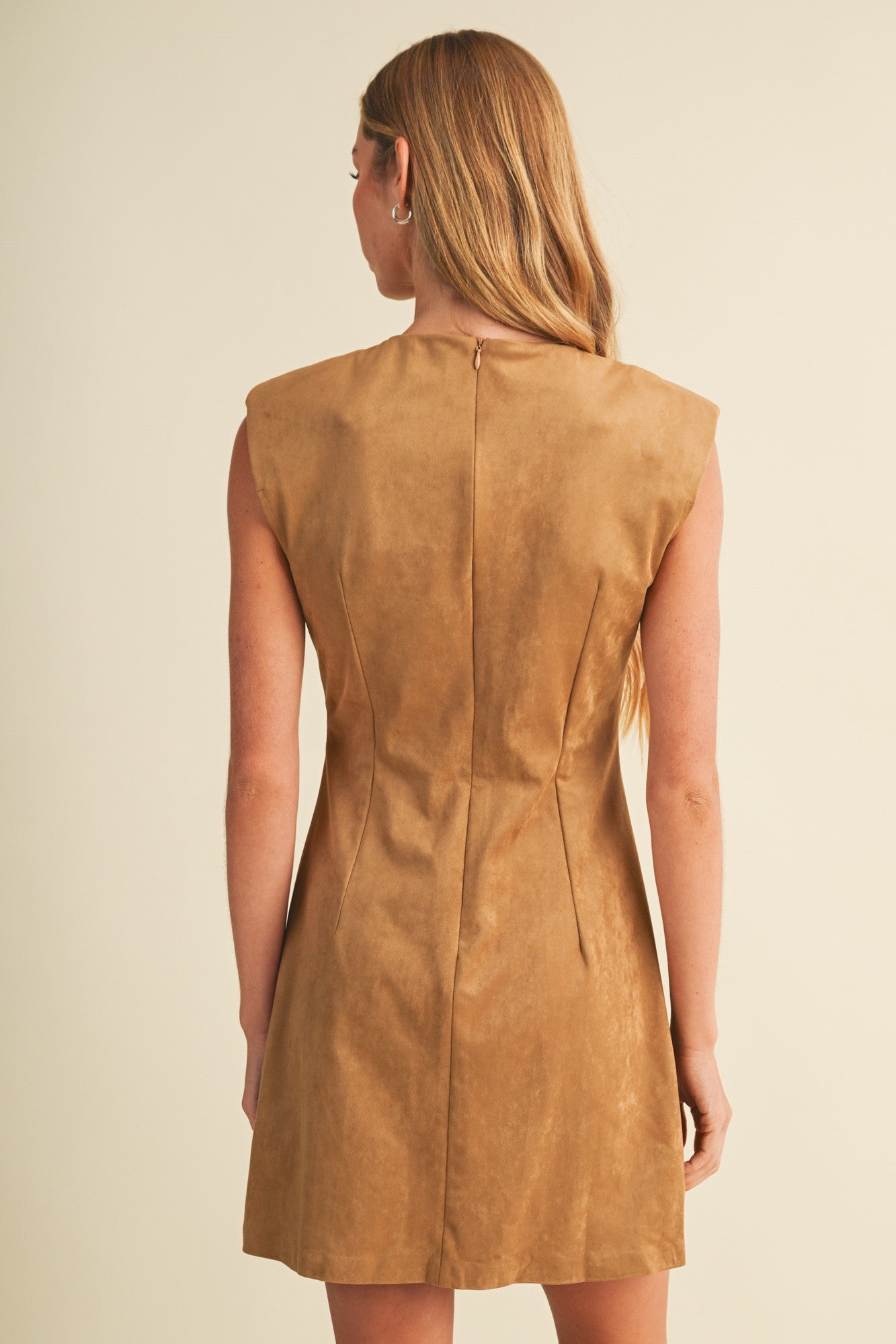 Padded Shoulder Woven Suede Dress
