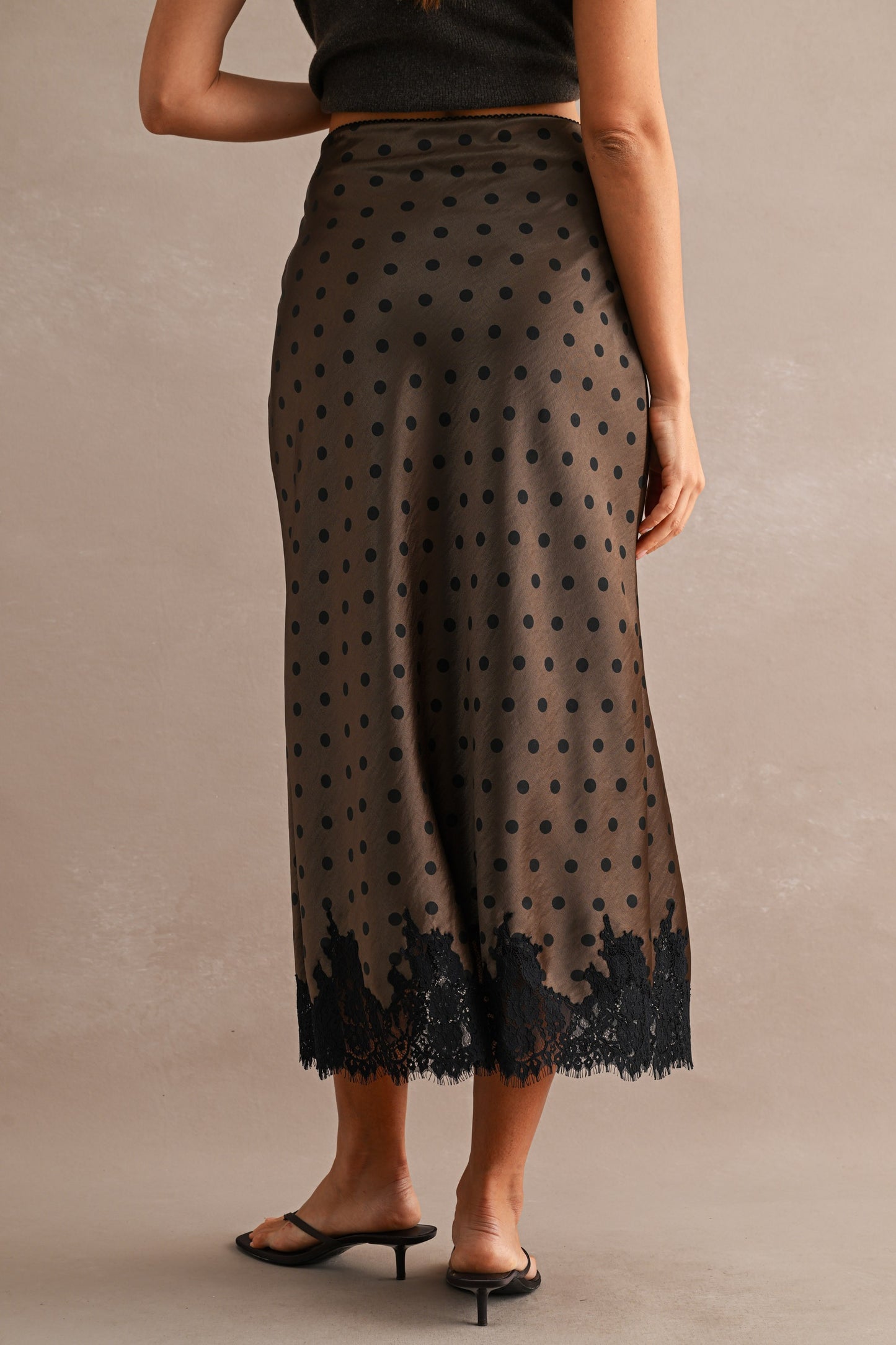 Satin Polka Dot Print Lace Trim Hem Midi Skirt