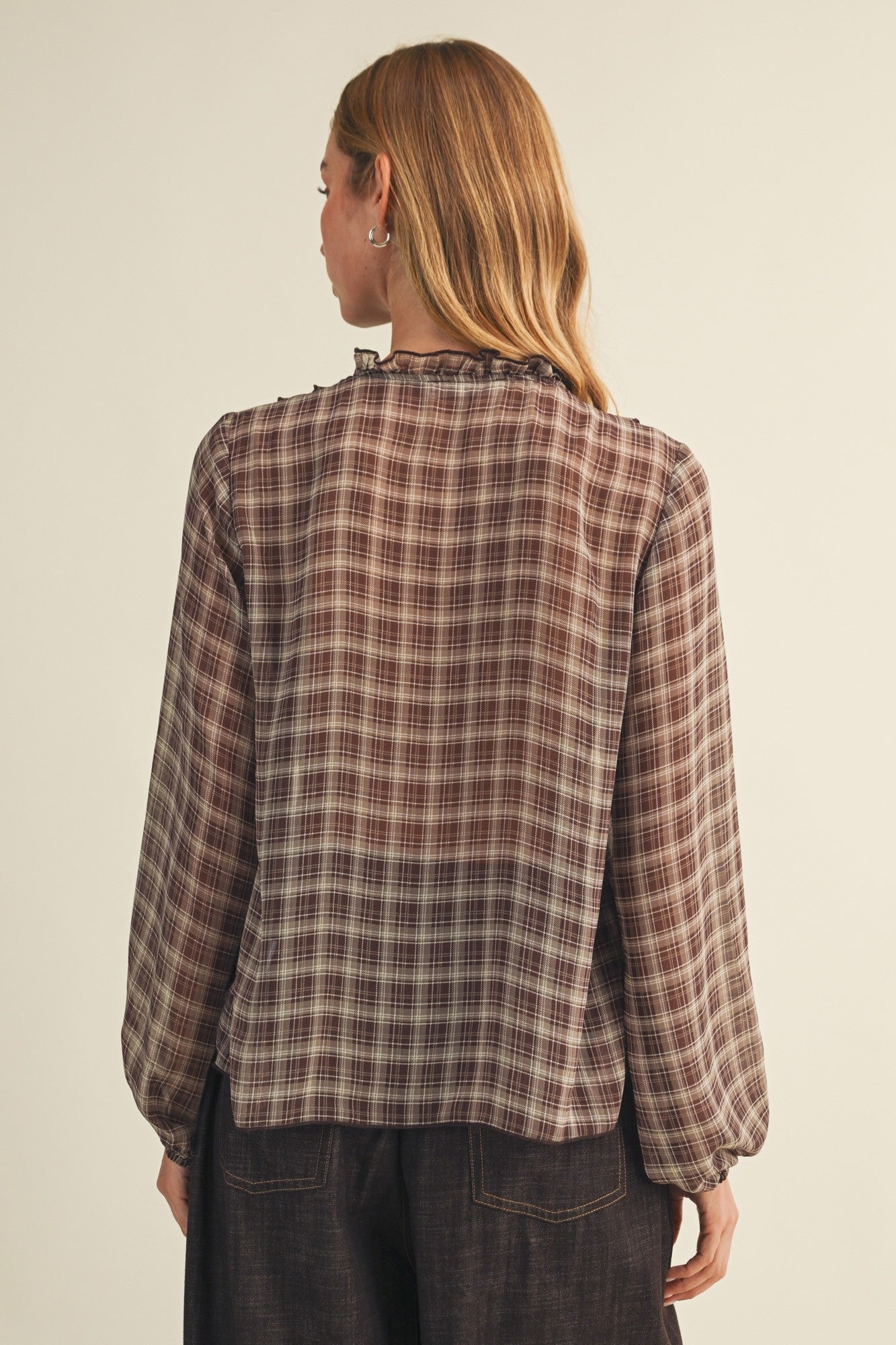 Ruffle Cascade Plaid Georgette Blouse