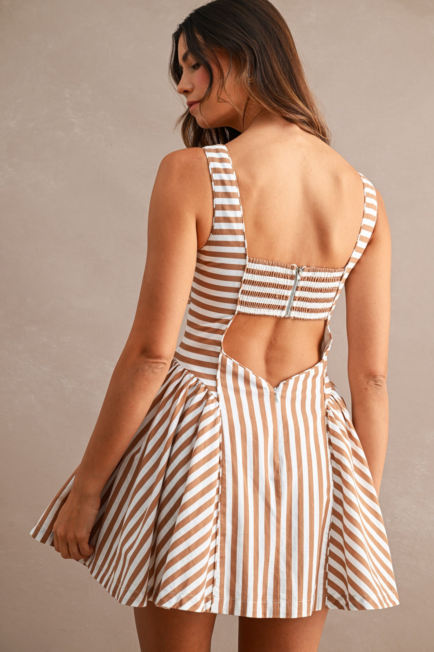 Striped Sleeveless Square Neckline Back Cutout Mini Dress