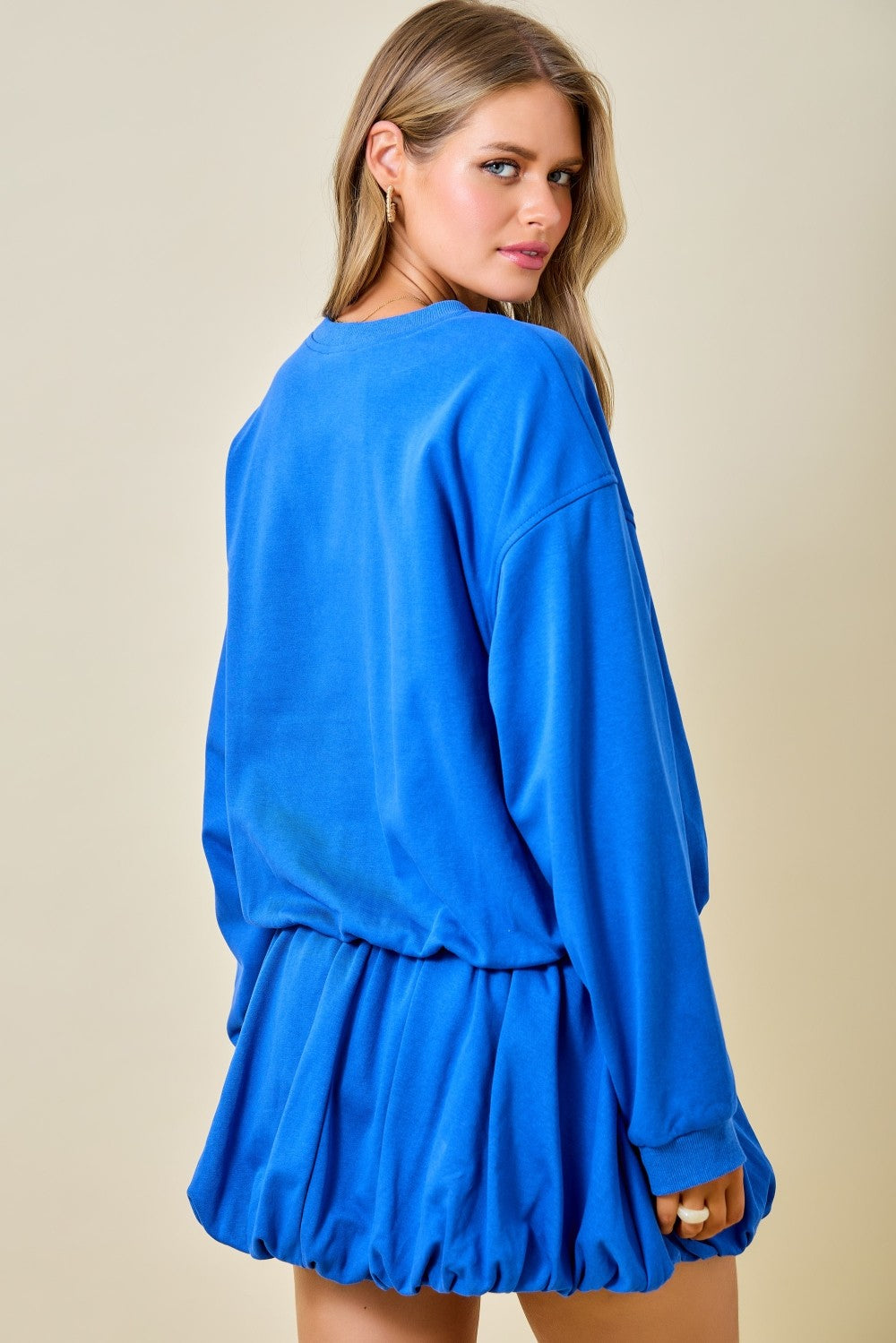 French Terry Crewneck Casual Sweatshirt W/ Bubble Hem Detail