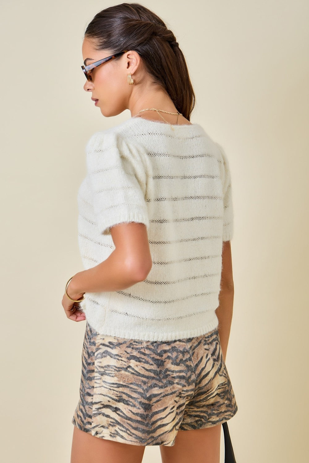 Fuzzy Sweater Stripe Seam Knit Top W/ Puff Short Sleeve