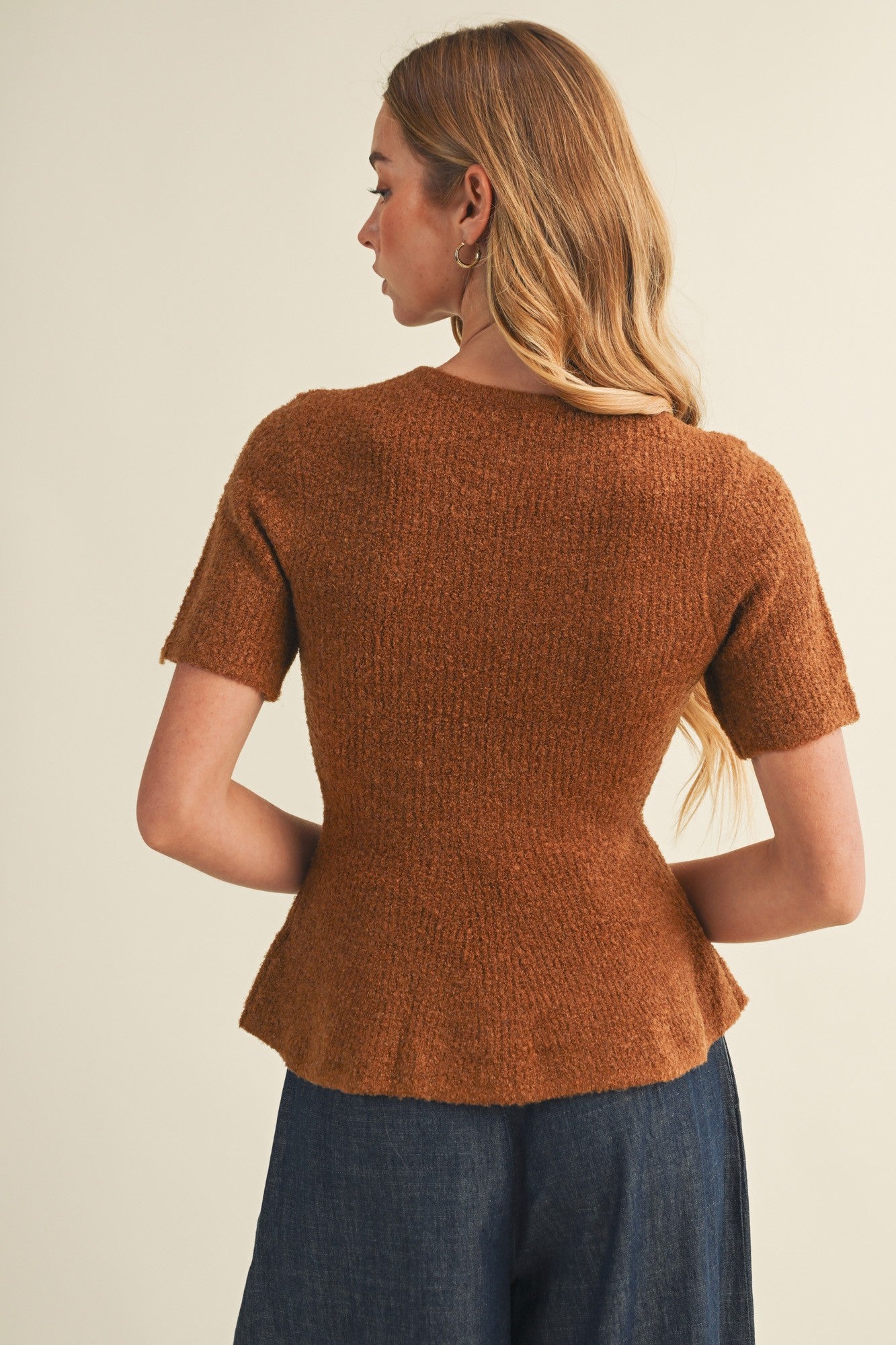 Textural Bouclé Knit Peplum Pullover