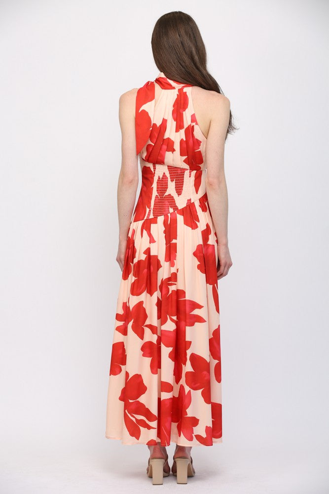 Bold Floral Print Halter Neckline Maxi Dress
