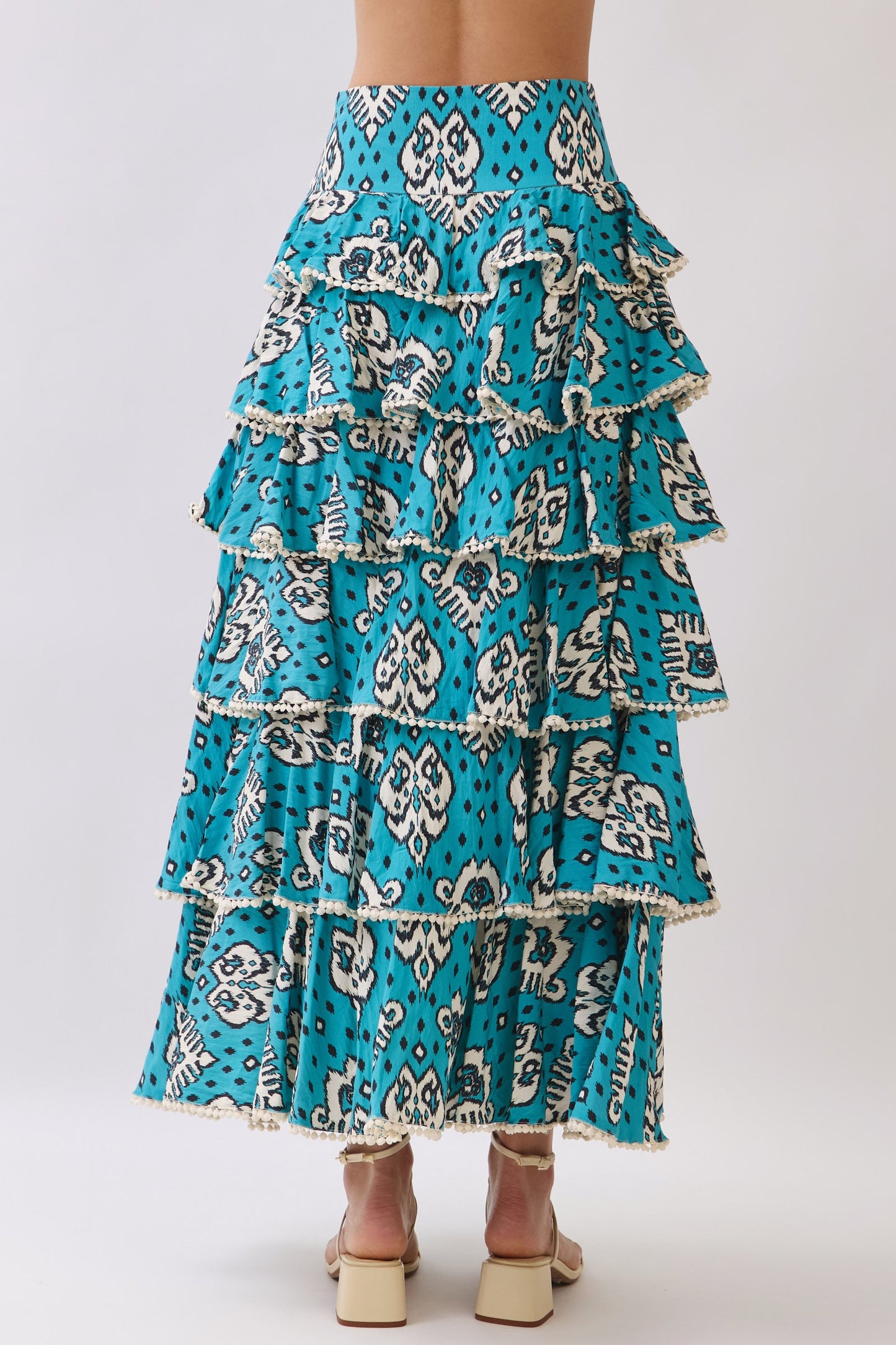 Ruffle Tiered Print Pom Pom Detail Maxi Skirt
