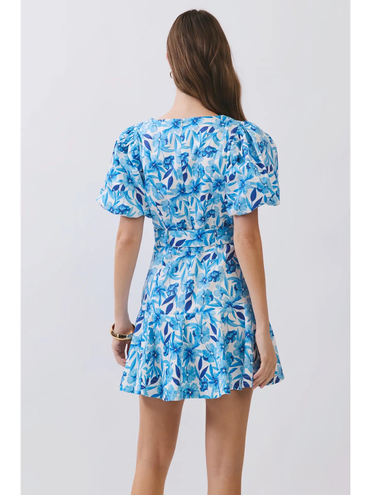 Blue Floral Print V Neckline Belted Mini Dress