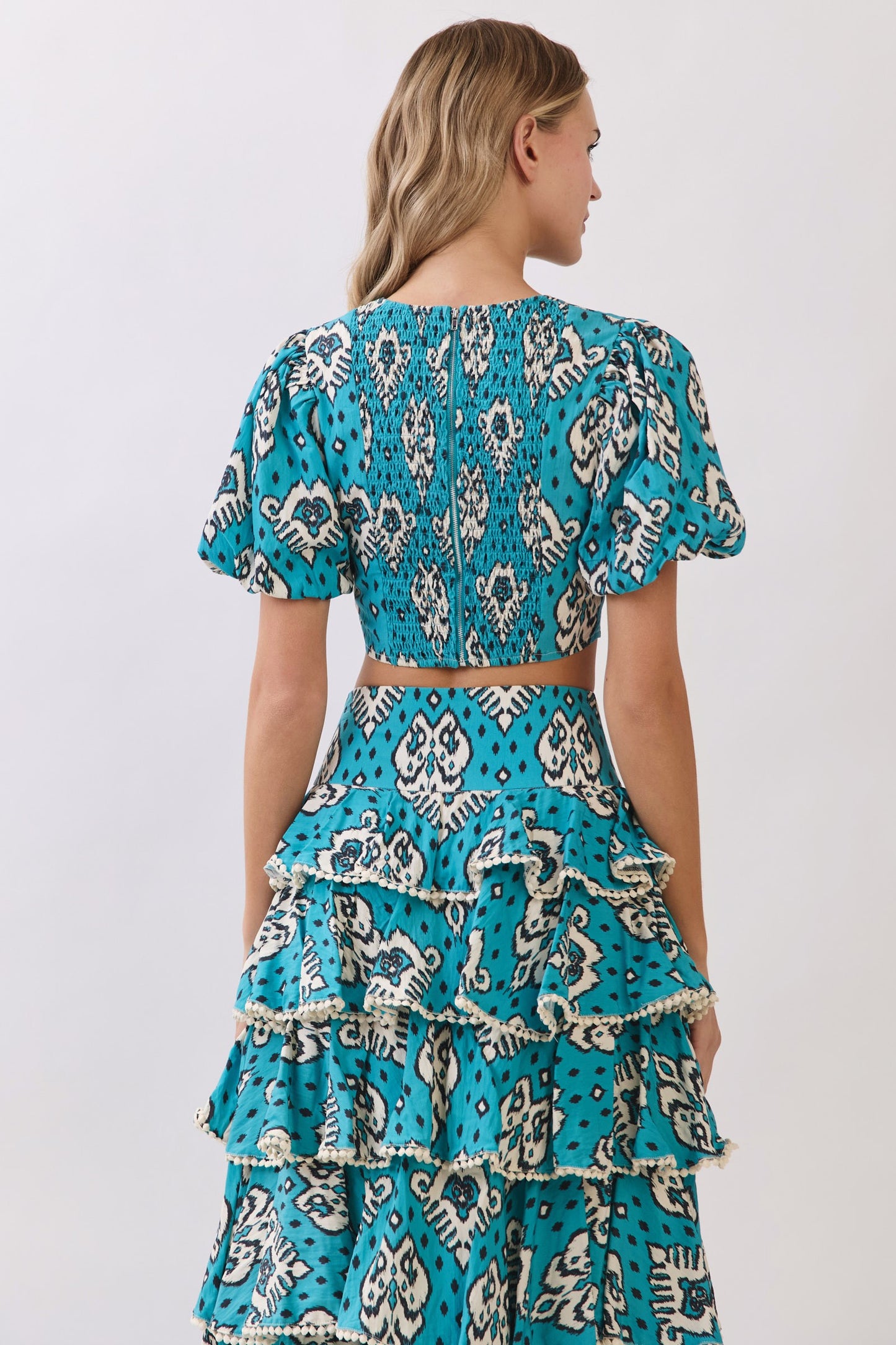 Ikat Print Puff Sleeve Crop Top