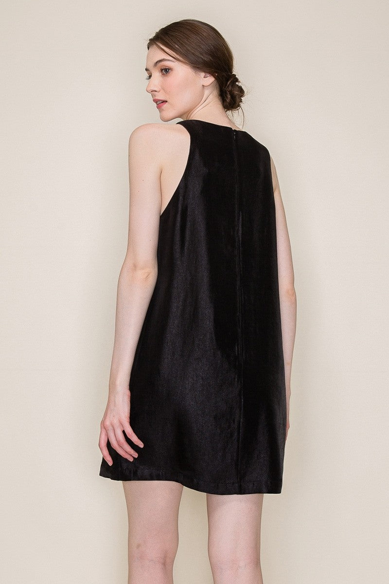 Shine Satin Sleeveless Shift Front Pocket Mini Dress