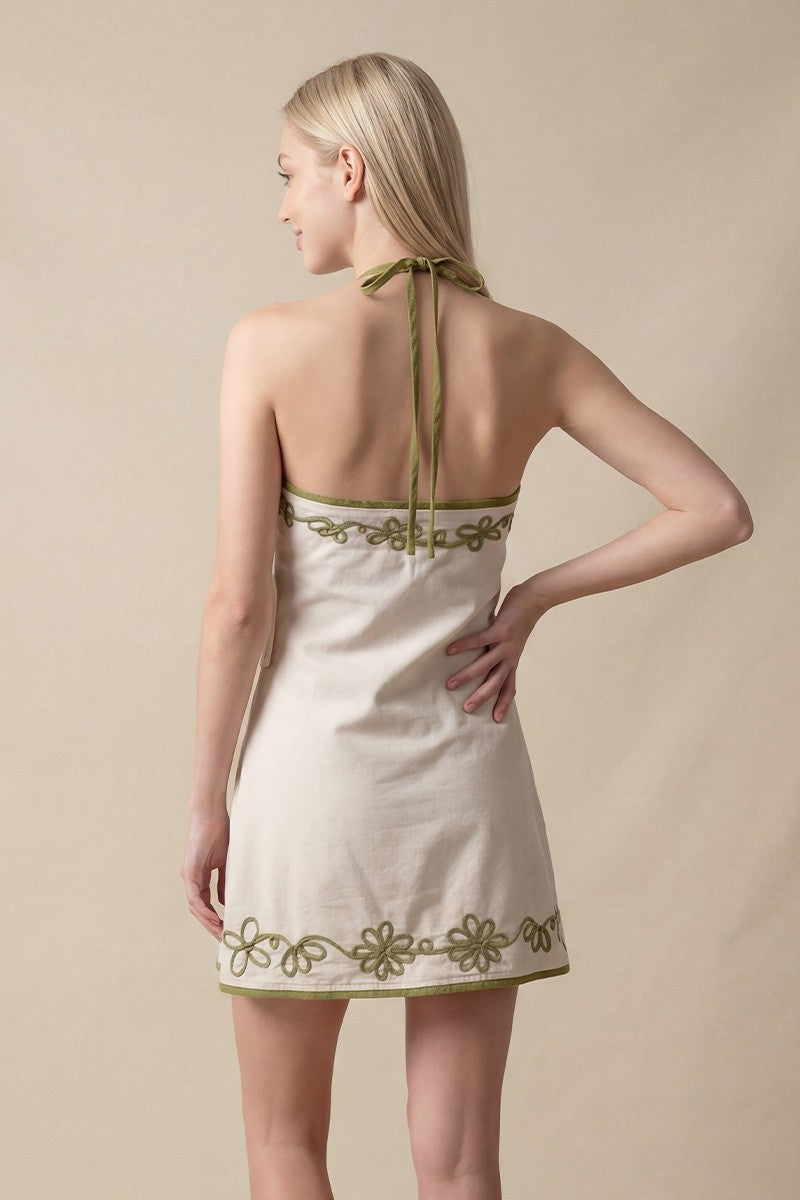 Halter Neck Flawer Cord Detail Linen Mini Dress