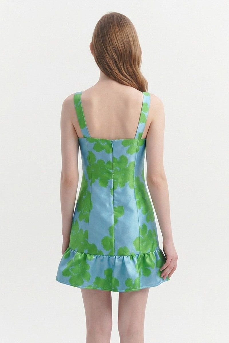 Square Neck Ruffle Hem Jacquard Mini Dress