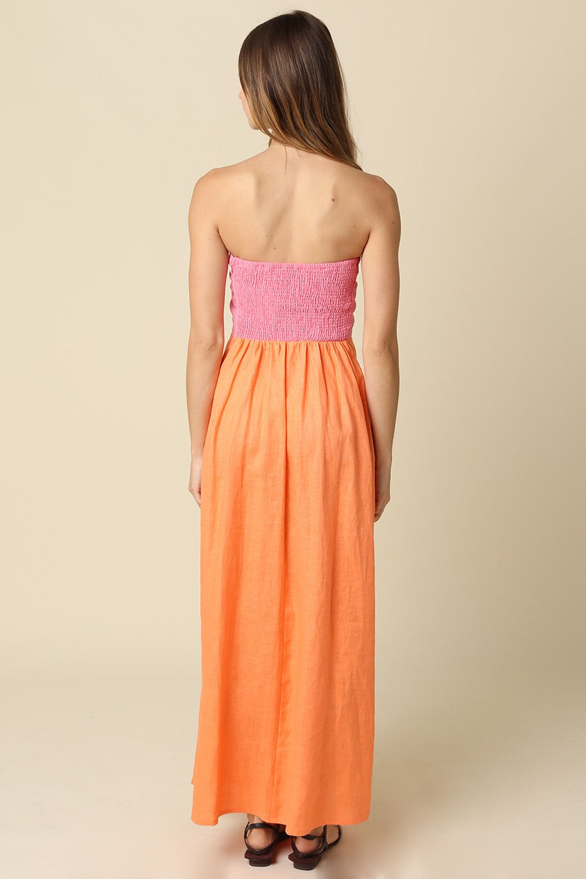 Mei Contrast Strapless Linen Maxi Dress