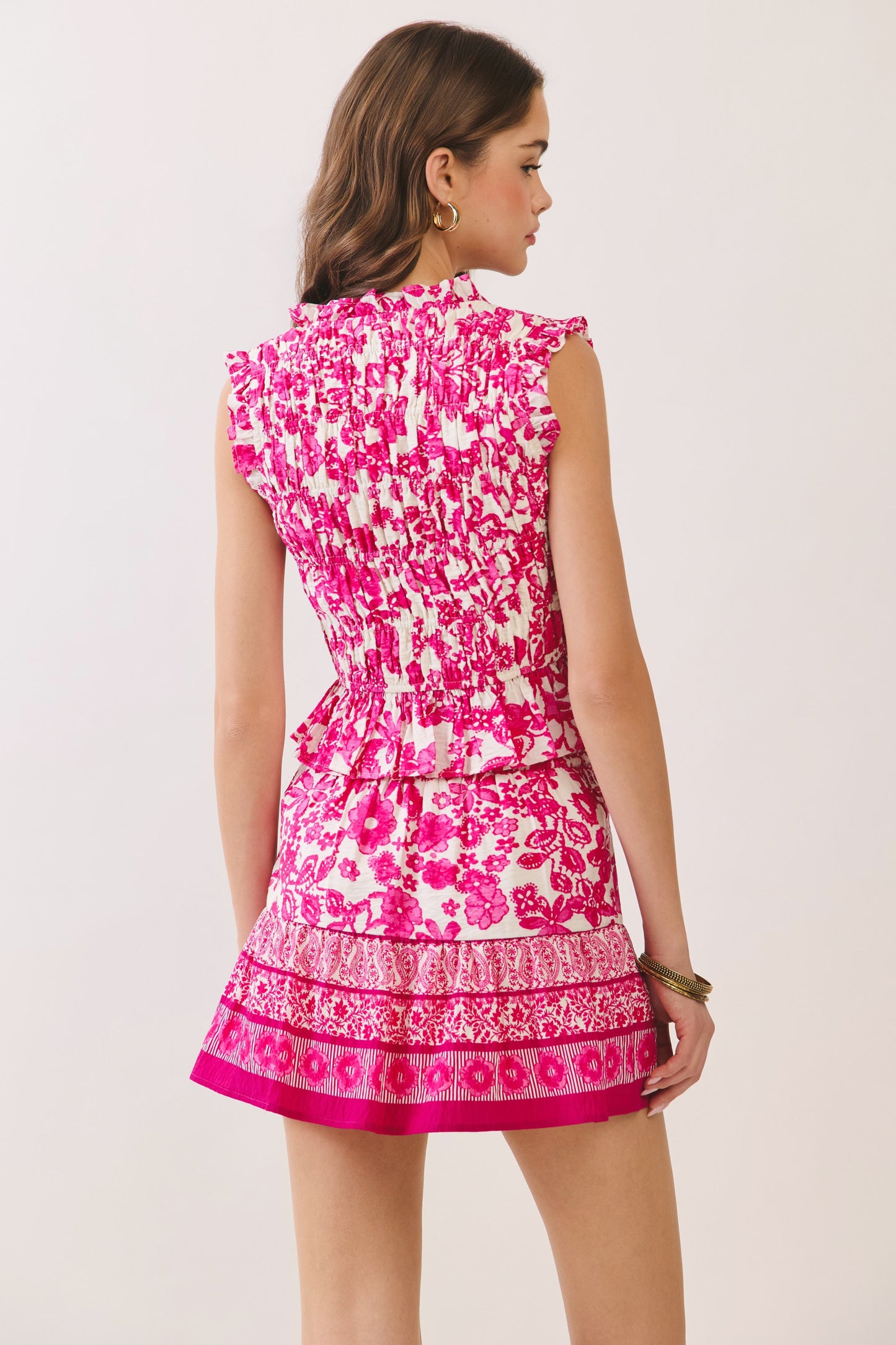 Floral Print Lace Up Ruffle Detail Top