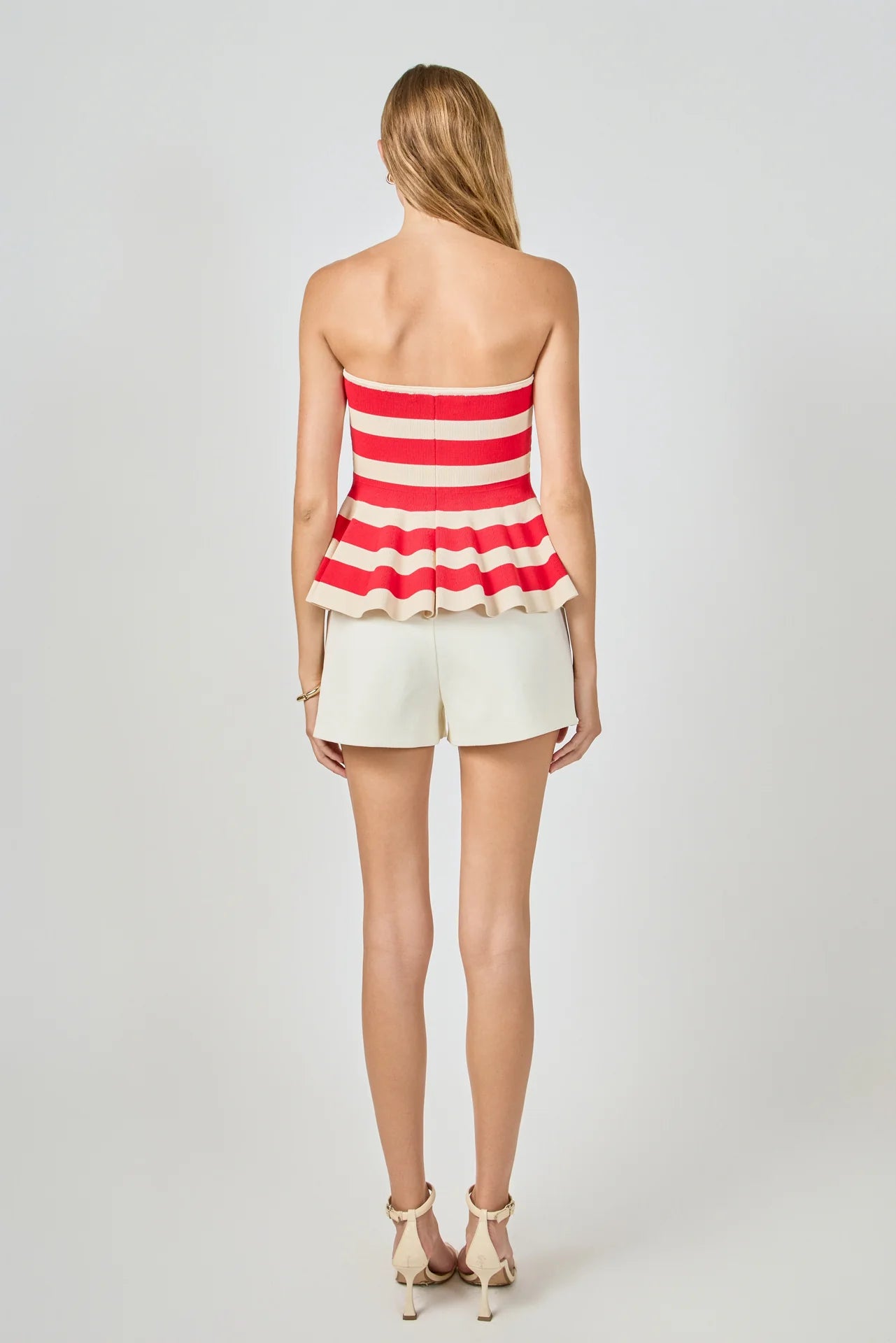Striped Strapless Knit Peplum Tops