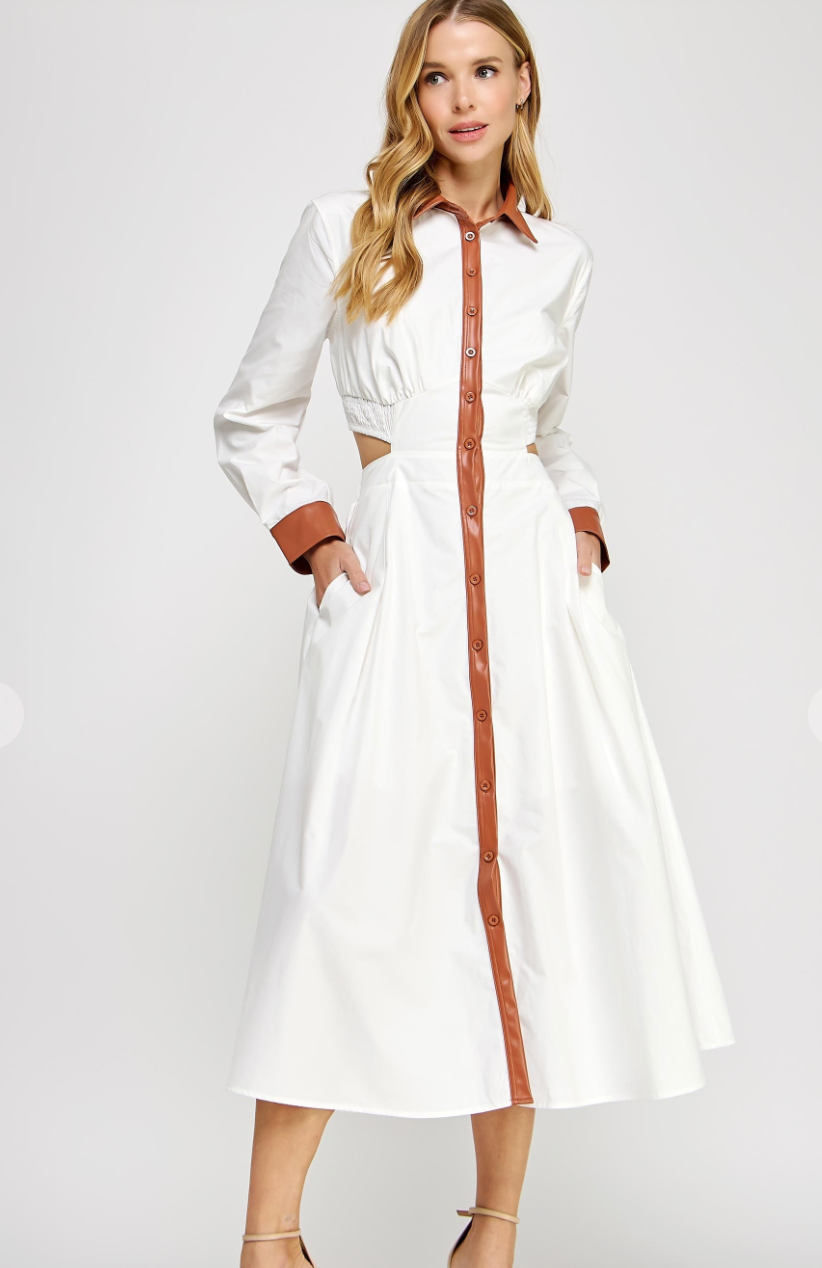 Faux Leather Contrast Poplin Midi Dress