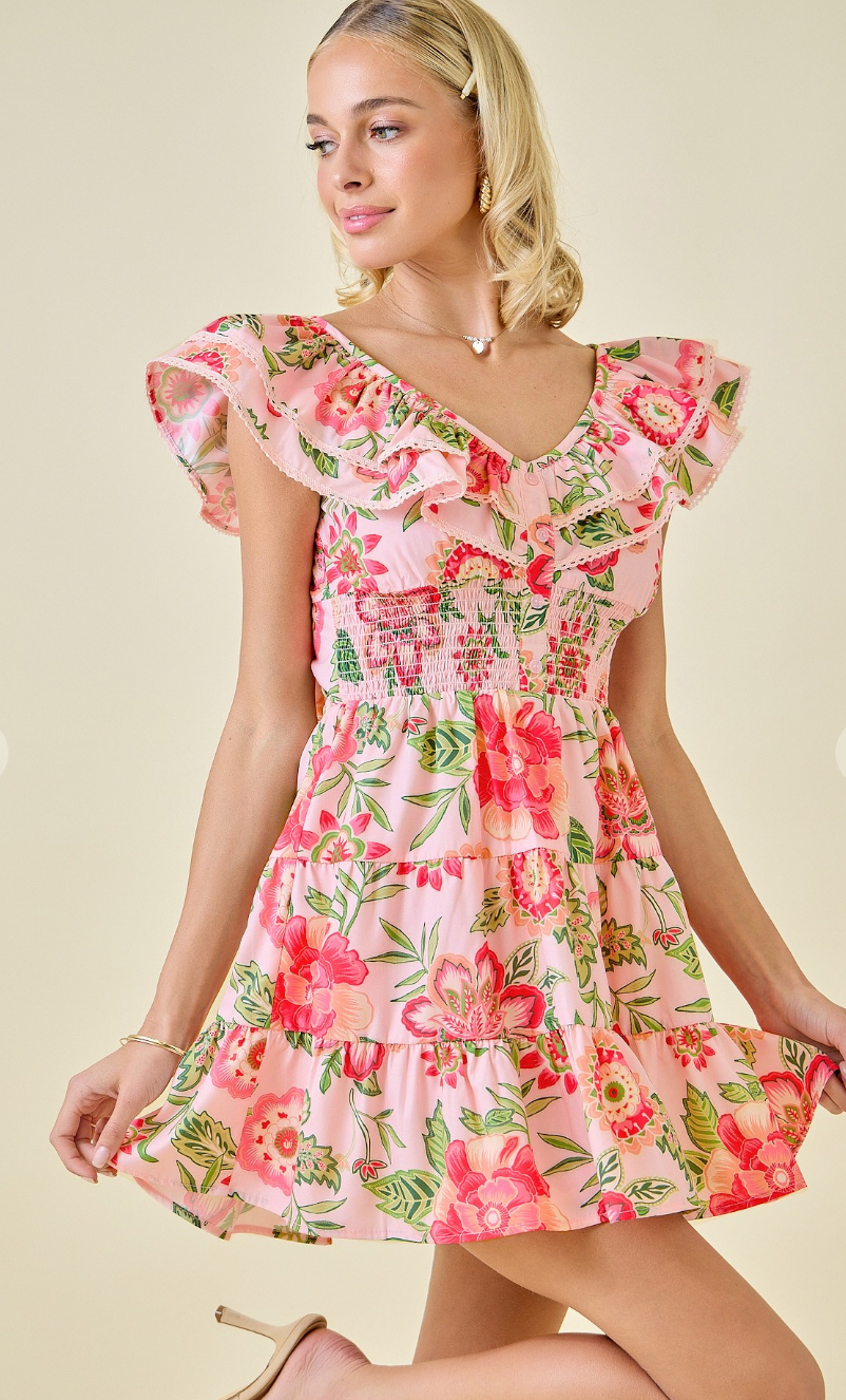 floral ruffle mini dress Blue and White L Style this warm weather staple with platform sandals and a mini bag to look like a total daytime doll. Light Blue A Line Square