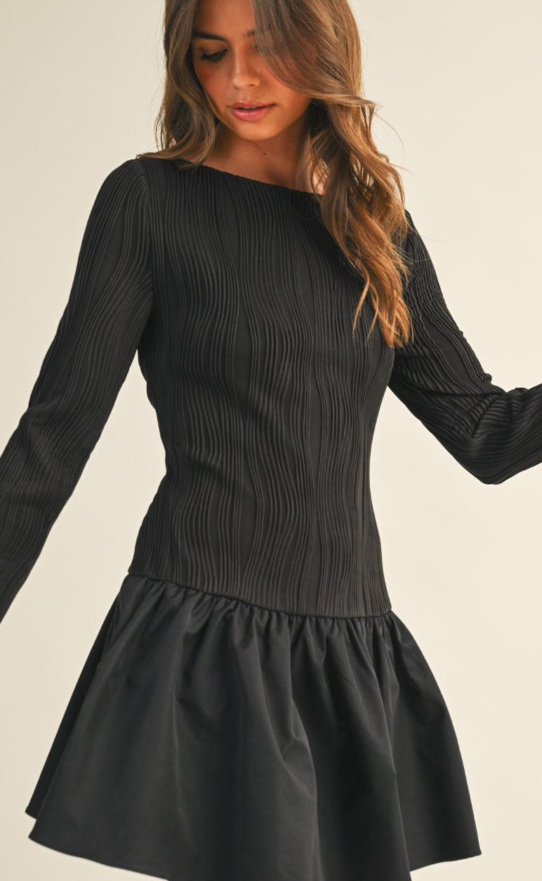 Boat Neck Long Sleeve Flare Dress