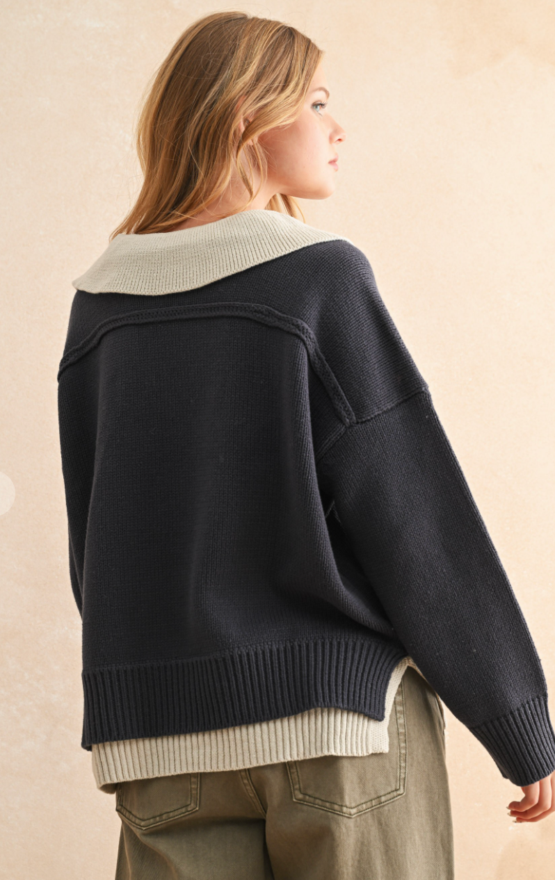 Color Combo V Neck Sweater