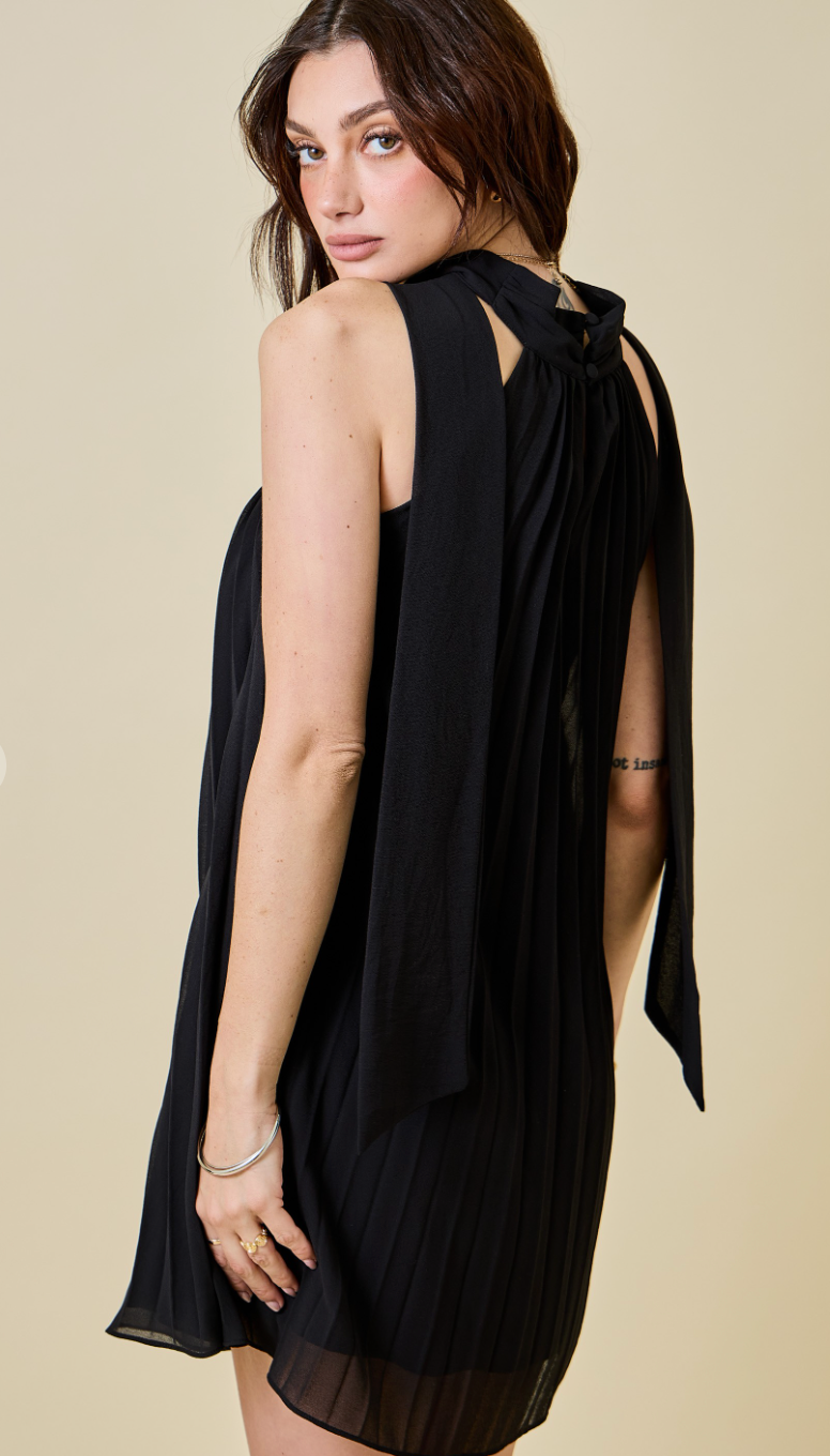 Pleated Sleeveless Tie Neck Mini Dress