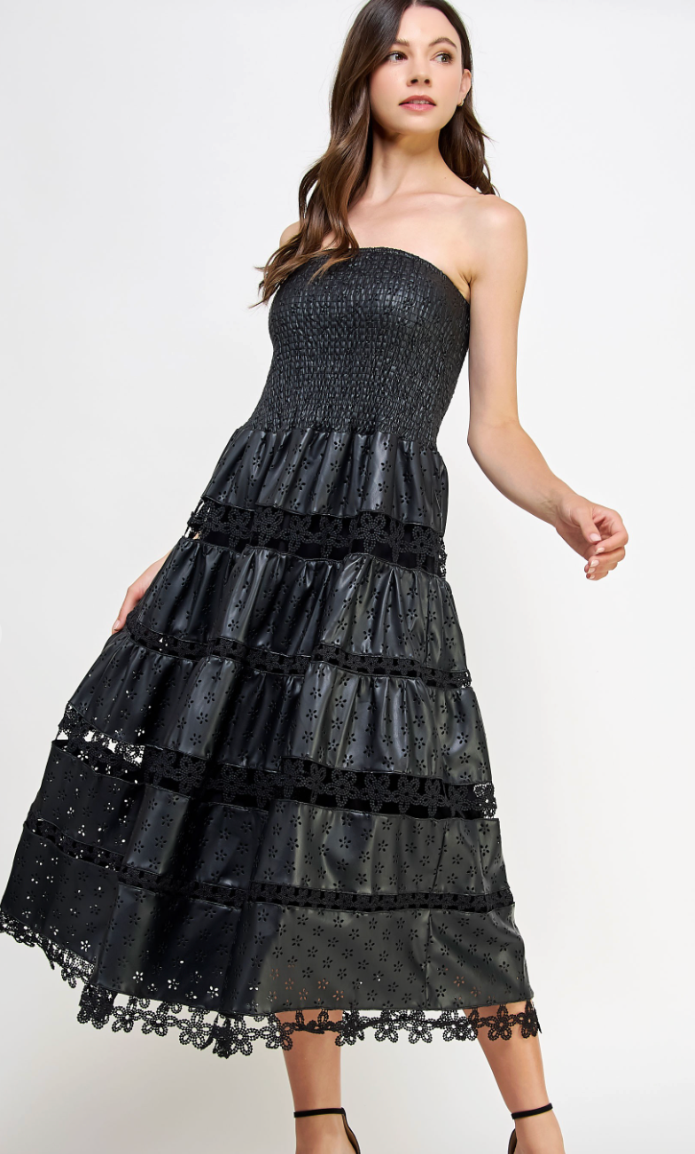 Eyelet Faux Leather Midi Dress