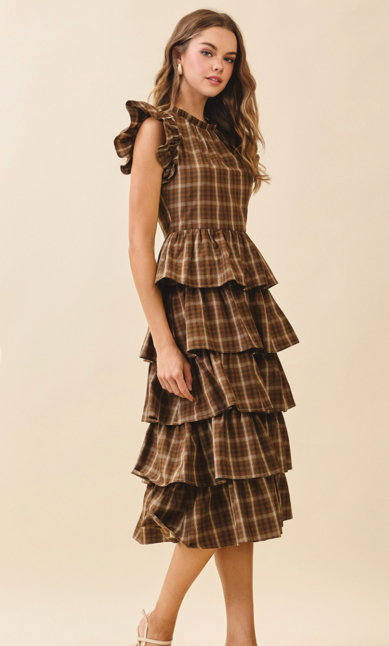 Plaid Cap Sleeve Midi Dress