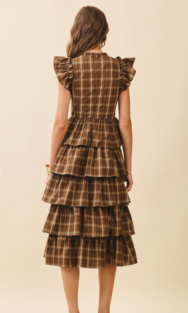 Plaid Cap Sleeve Midi Dress