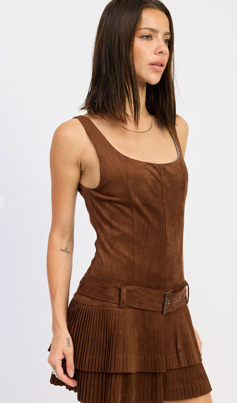Suede Belted Pleat Mini Dress