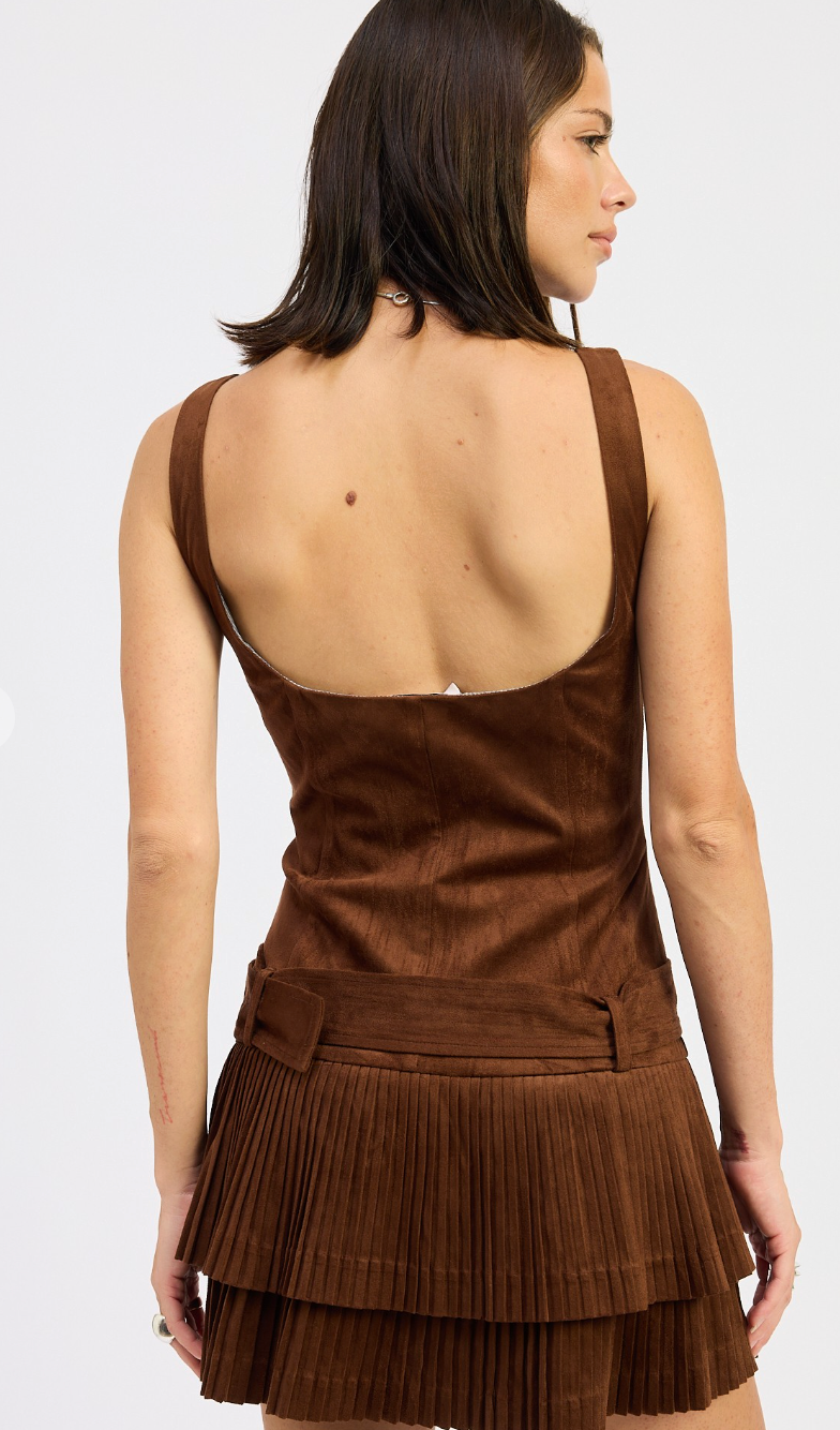 Suede Belted Pleat Mini Dress