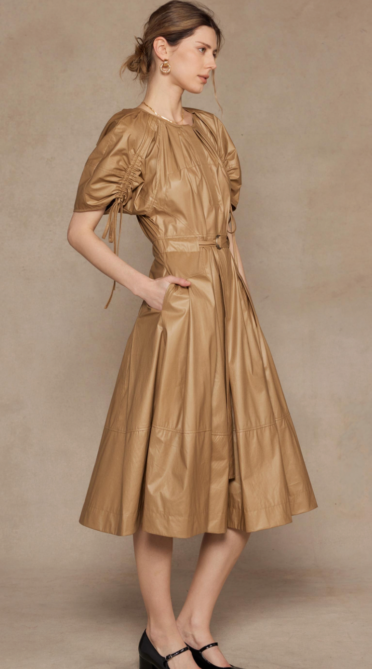 Belted Faux Leather Midi Dress