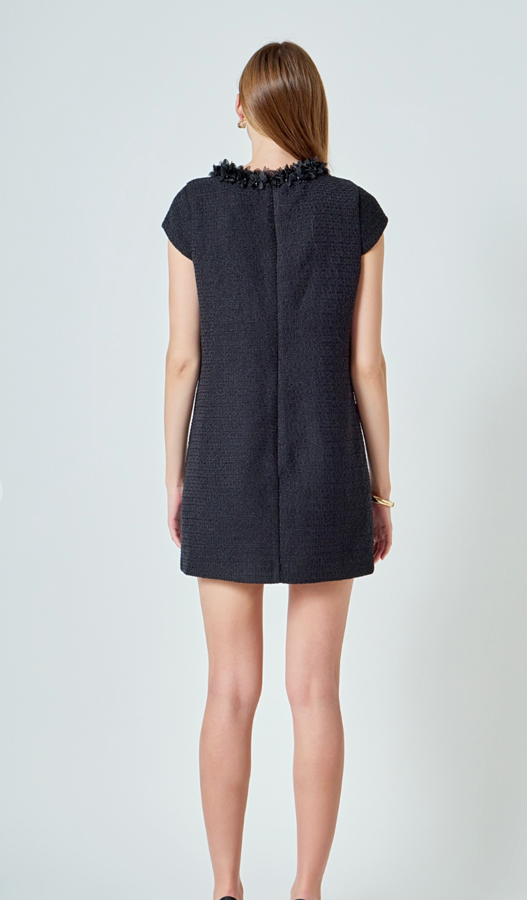 Tweed Floral Trim Shift Dress
