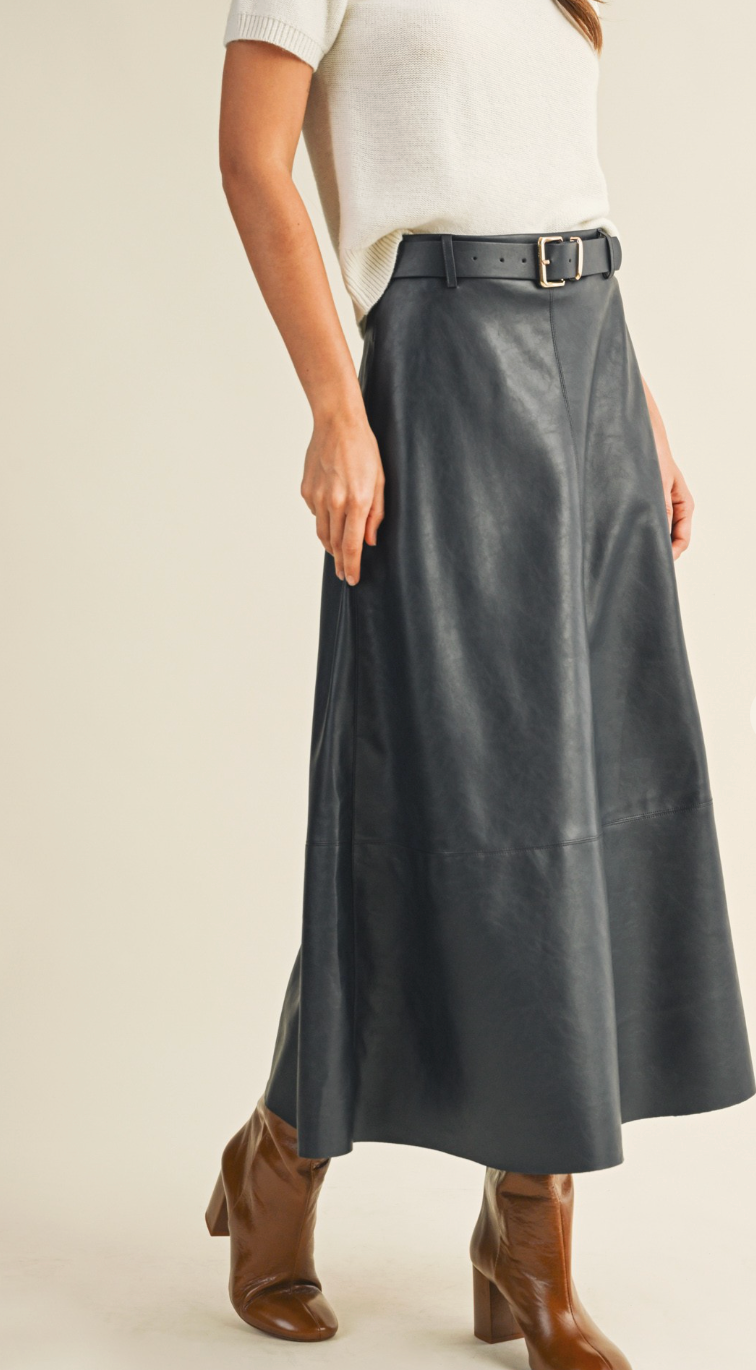 Belted Flare Cut Edge Skirt