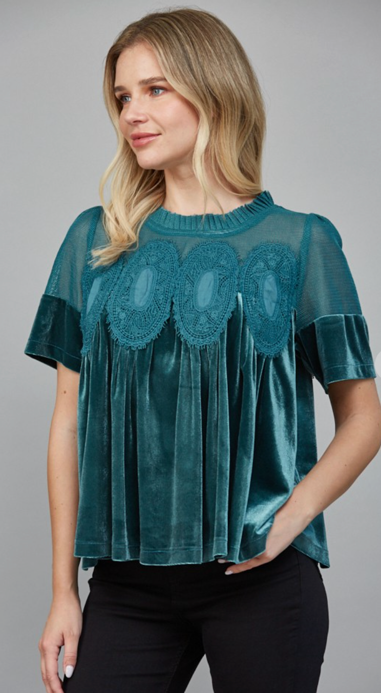 Velvet Lace Detail Babydoll Top