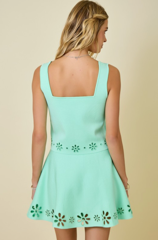 Square Neck Knit Top With Flower Cutouts