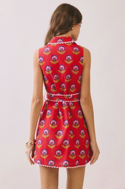 Floral Print Contrast Scalloped Trim Detail Dress