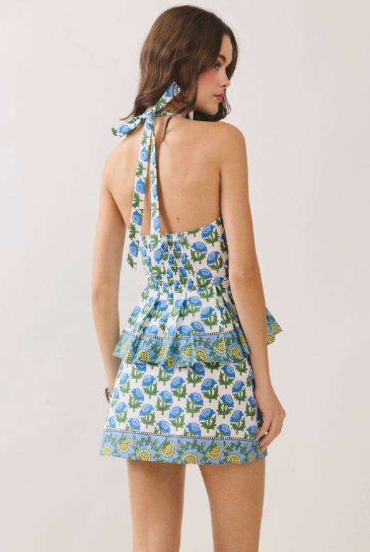 Floral Print Smocked Back Halter Neckline Top