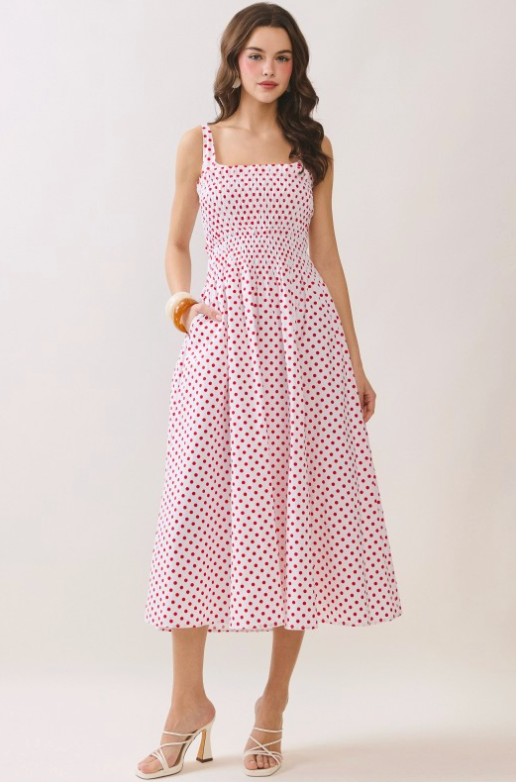 Polka Dot Smocked Bodice Square Neck Midi Dress