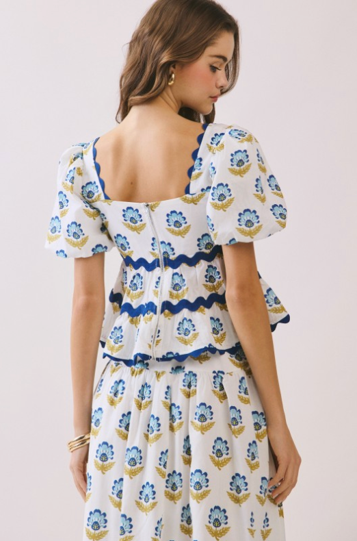 Floral Print Layered Ruffle Ric Rac Detail Top