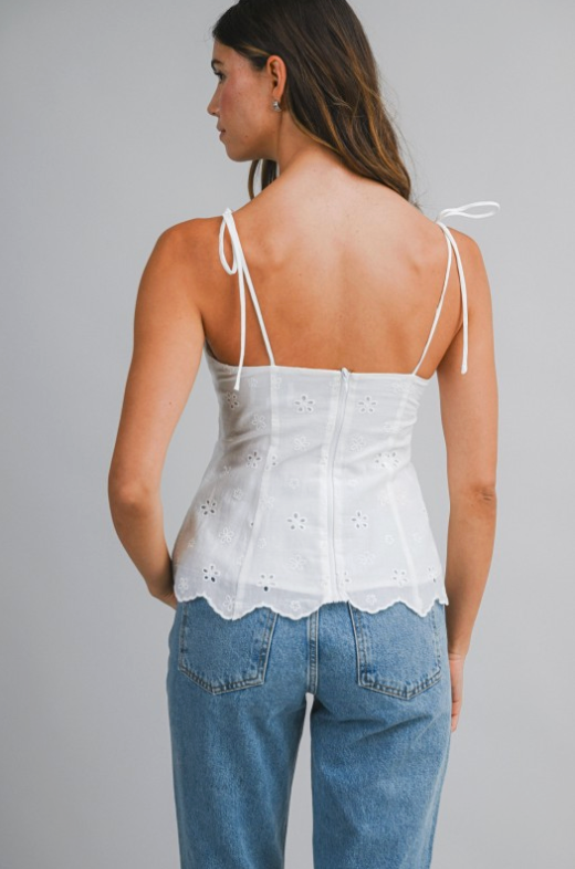 Eyelet Embroidered Shoulder Tie Strap Cami Top