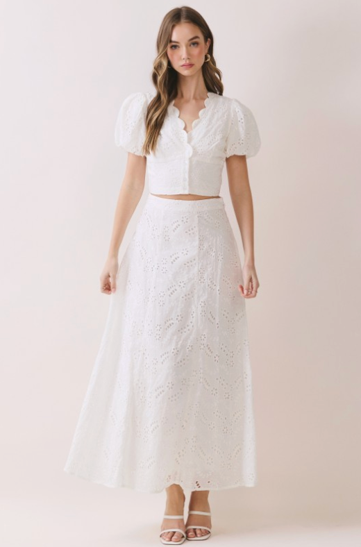 Eyelet Embroidered Side Zipper A Line Maxi Skirt