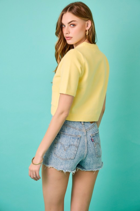 Crew Neck Knit Cardigan Top W/ Patch Pockets