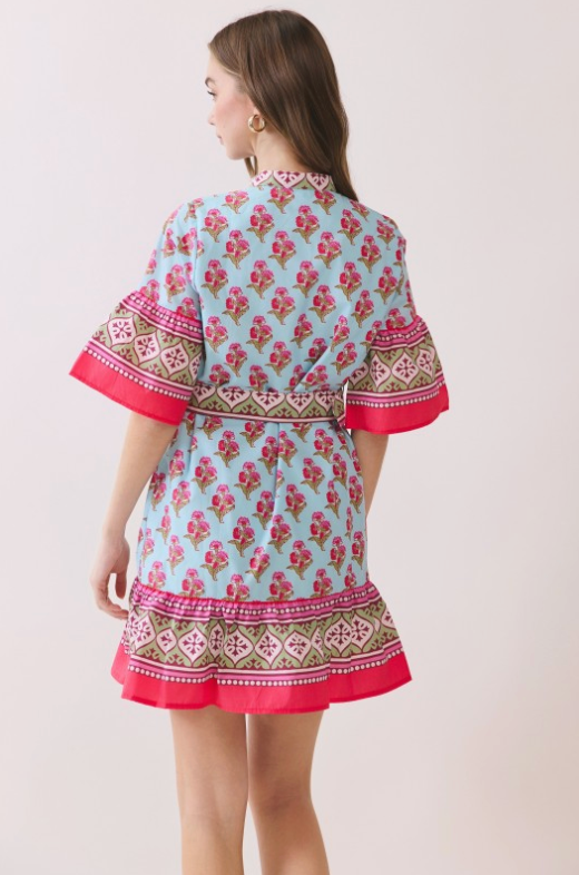 Printed Belted Mini Dress With Contrast Border