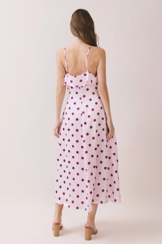 Polka Dot Print Ruffle Trim Slip Midi Dress