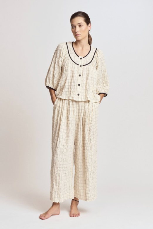 Twill Tape Detail With Puff Sleeves Top