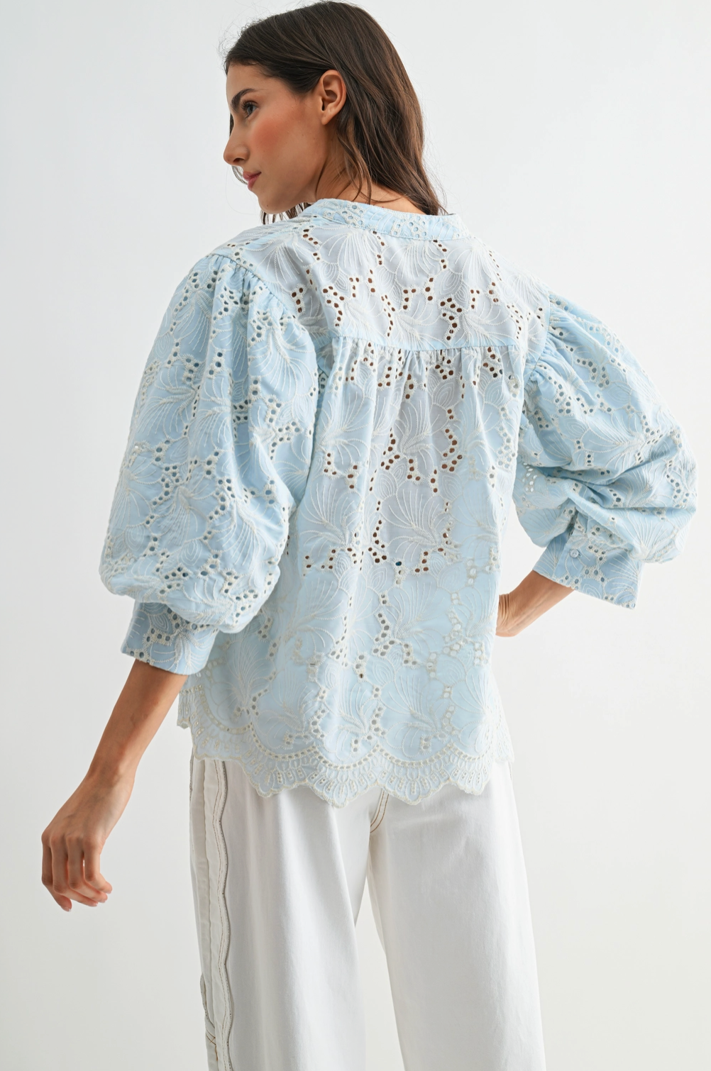 Embroidered Cotton Eyelet Blouse Puff Sleeves