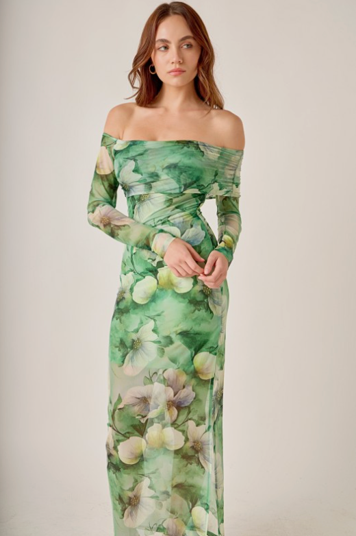 Floral Mesh Off Shoulder Maxi Dress