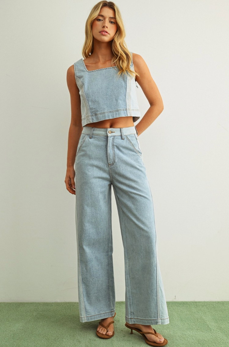 Denim Color Blocked Wide Straight Leg Pants